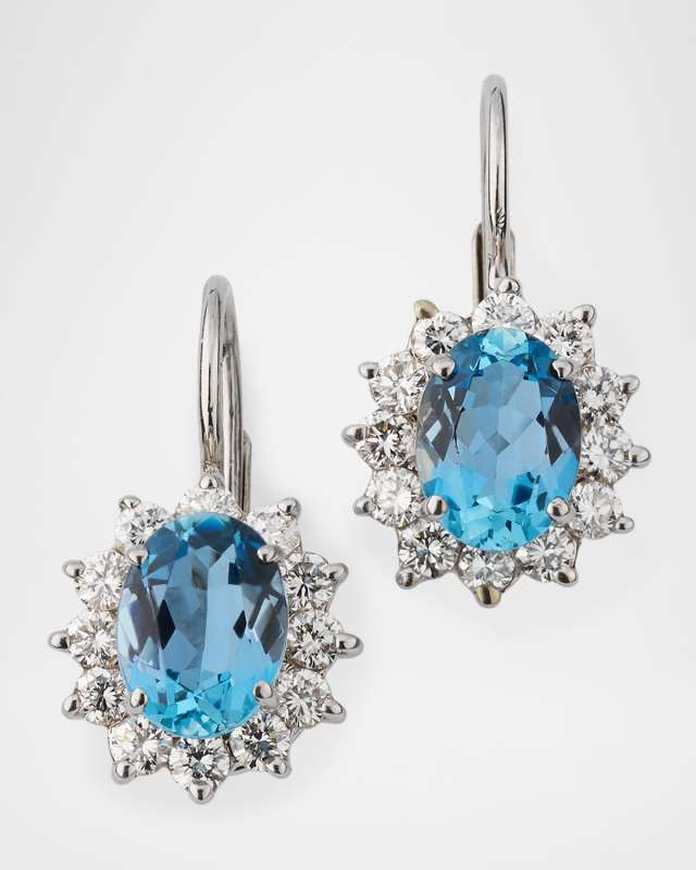 18K White Gold Diamond and Oval Aquamarine Dangle Earrings